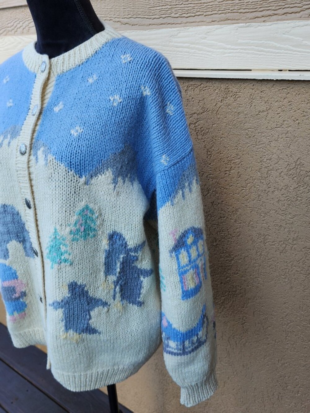 Vintage 90s Y2K Eddie Bauer Wool Cardigan Chunky Knit Cabin Fair Isle Sweater L - Picture 8 of 16